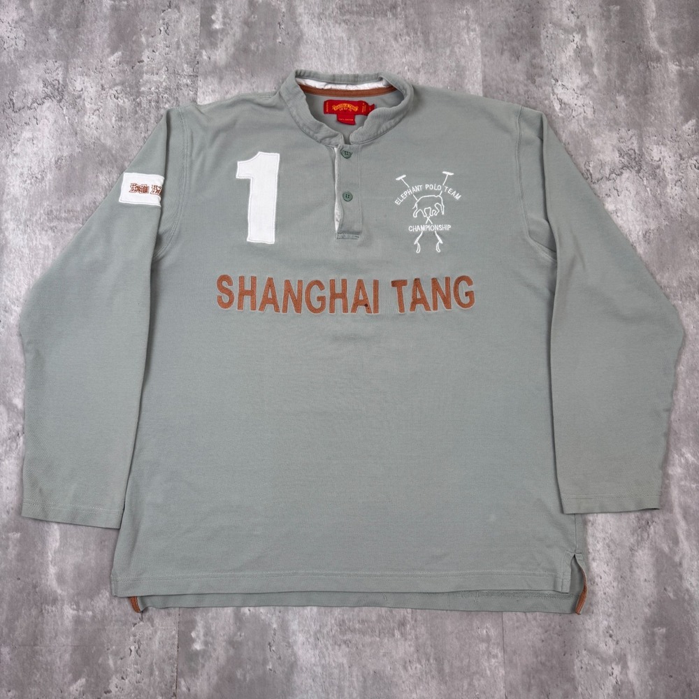 Shanghai Tang Polo Shirt Mens Large Gray Elephant Polo Team Long Sleeve Y2K